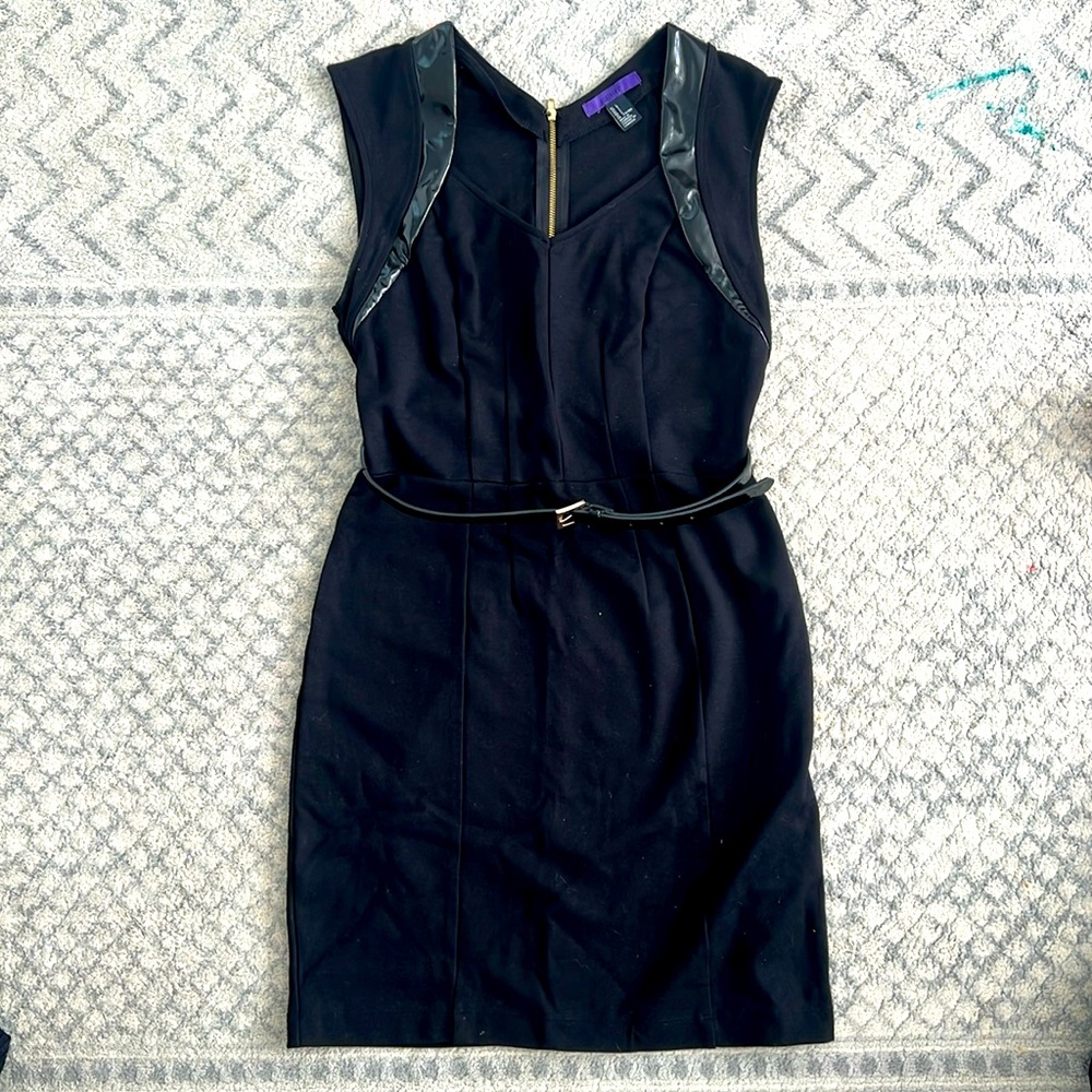 Black mini dress with leather trim, gold zipper and thin belt